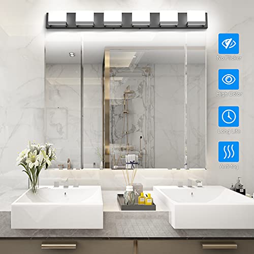 LED Modern Matte Black Bathroom Vanity Lights Over Mirror 6 Lights Up and Down Black Bathroom Vanity Light Fixtures 6000K