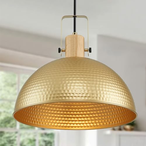 16 Inch Gold Pendant Lights Hammered Matte Pendant Lights for Kitchen Island Industrial Farmhouse Adjustable Height Dome Hanging Light Fixtures for Barn