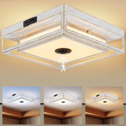 White LED Motion Sensor Outdoor Ceiling Light Square Flush Mount Lights