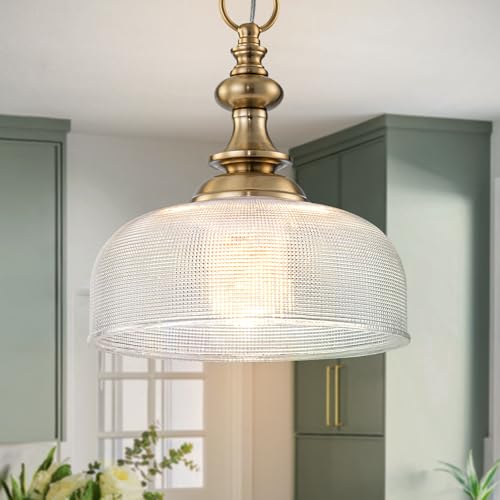EDSILIVE Vintage Glass Pendant Lights Kitchen Island 10" Bowl Clear Glid Glass Hanging Ceiling Light Fixture with Brass Gold Finish for Dining Room Kitchen Table