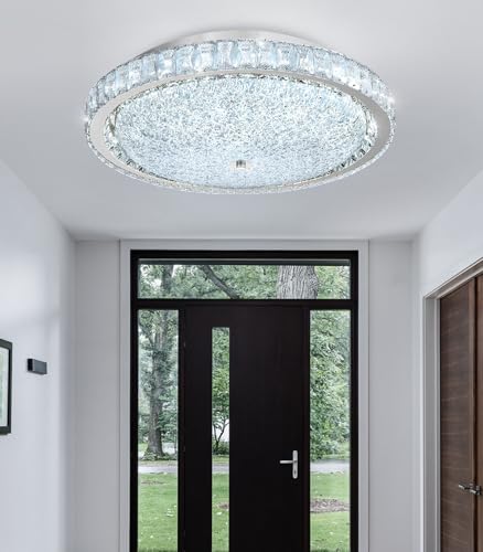 19.6" Modern Crystal Chandelier Dimmable LED Flush Mount Ceiling Light with Remote Control for Living Room Dining Room Bedroom Hallway Foyer Silver
