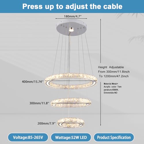 3 Ring Dimmable LED Crystal Chandelier 47W with Remote