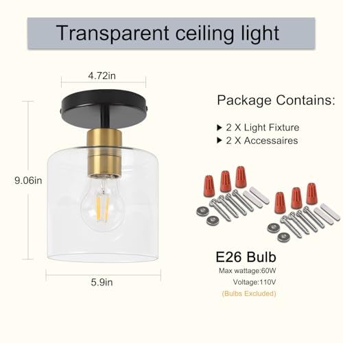Black Brass Semi Flush Mount Ceiling Light (2 Count)