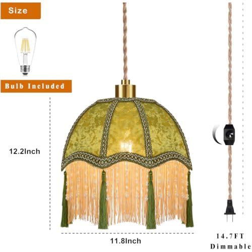Boho Plug in Pendant Light Rustic Hanging Lights with Plug in Cord & Flower Lampshade (Green-tassels / 11.3)