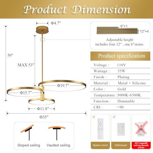 LED Ring Chandelier Modern Gold Chandellier for Dining Room 3 (3 Count)