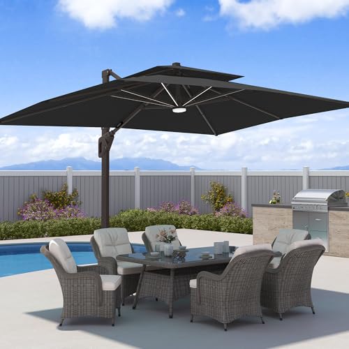 10x13FT Patio Cantilever Outdoor Offset Umbrella with LED Lights