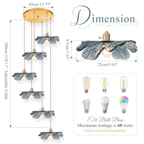 Foyer Chandelier for High Ceilings long Blue Floral pendant light Mid Century Glass Hanging Ceiling light Brushed Gold Flush Mount Ceiling Chandeliers for Staircase Entryway Living