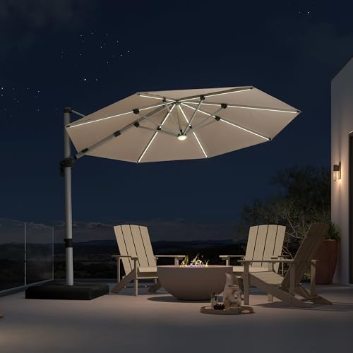 Cantilever Patio Umbrella 10ft Round Solar LED Light