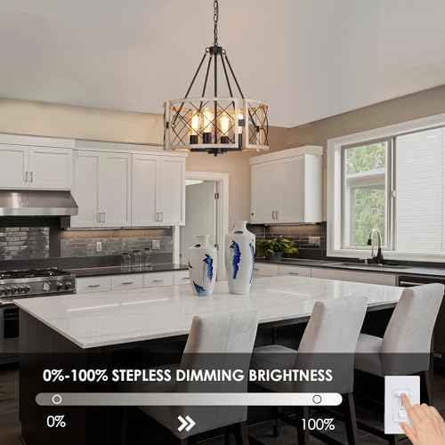SANTOSTOCK D19'' Farmhouse Chandelier, 4-Light Adjustable Dining Room Light Fixture Kitchen Island Lighting, Rustic Hanging Lights for Entryway Foyer Bedroom Living Room, Black & White Oak