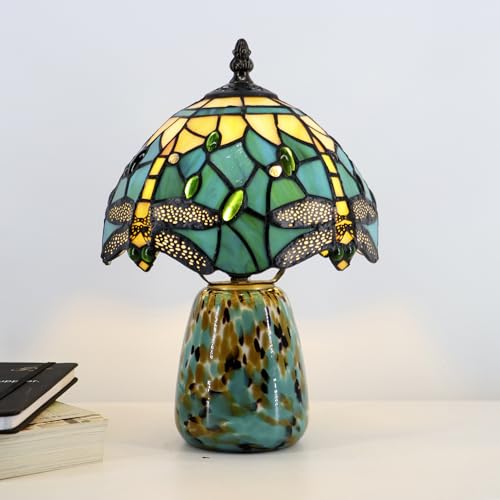 Tiffany Mushroom Table Lamp Dragonfly Style Blue Yellow Stained Glass Accent Lamp Brown Blue Glass Base 8X8X12 Inch