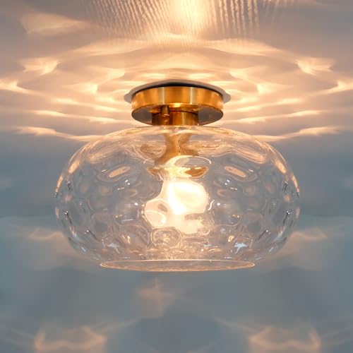 Brass Gold Semi Flush Mount Ceiling Fixture 11" Clear Hammered Glass Shade Modern Close to Ceiling Lighting 1