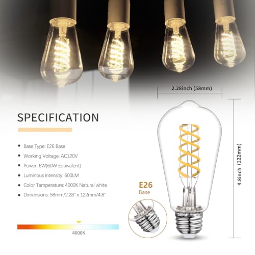 6 PCS ST58 Dimmable Spiral Vintage E26 LED Bulb 60 Watt LED Edison Bulbs (6 Count)