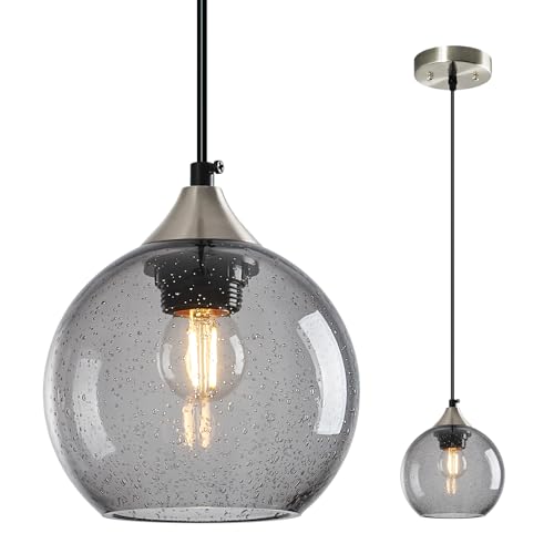 Light Grey Glass Pendant Lights Kitchen Island Globe Pendant Light Fixtures Modern Pendant Lighting for Bedroom Living Dining Room Light Fixture