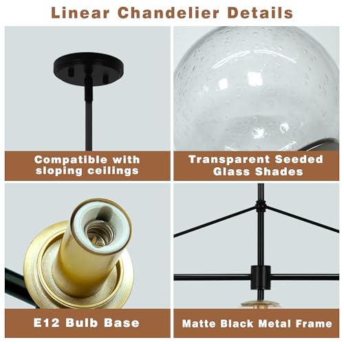 Modern Linear Chandelier 6 Lights Seeded Glass Globe Sputnik Pendant Light