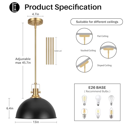 13 Inch Black and Gold Metal Pendant Light Kitchen Island