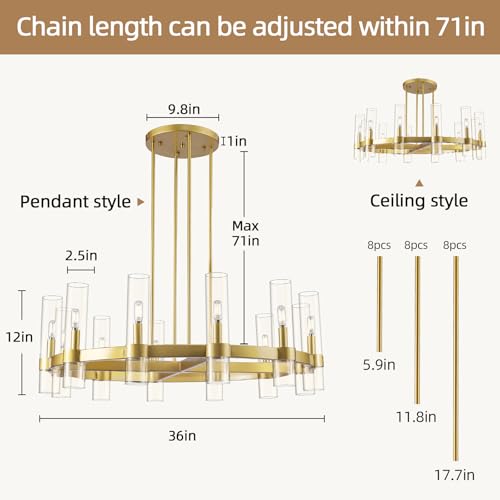 12 Light Brass Round Chandelier 36" Wagon Wheel Chandeliers for Dining Room Light Fixture Clear Glass Tube Chandelier Modern Farmhouse Chandeliers for LivingRoom Foyer