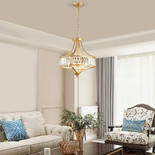 Gold Chandeliers for Dining Room Modern Round Crystal 4 Lights Rustic Pendant Lighting Fixture with Metal Lampshade for Living Room Hallway Bedroom Foyer