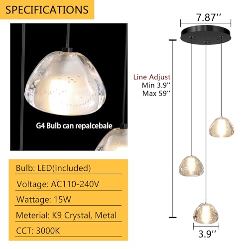 Modern Chandelier Crystal Pendant Light for Kitchen Island Dining Room Bedroom Hallway Black