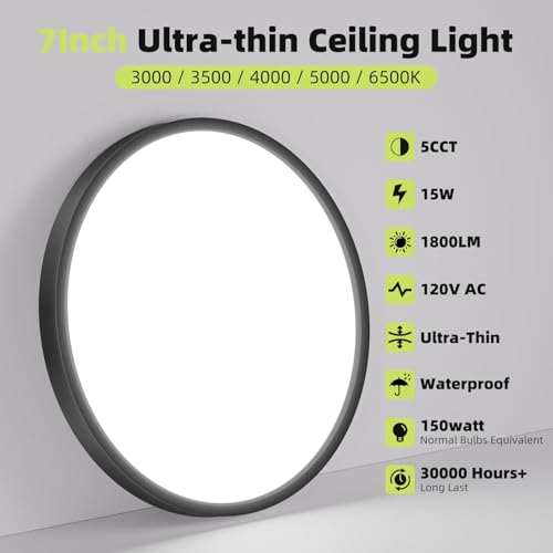 2PACK Flush Mount LED Ceiling Light Fixtures 5 Color Temperatures in One &100W Equivalent Flat Bathroom ceiling light (2 Count)