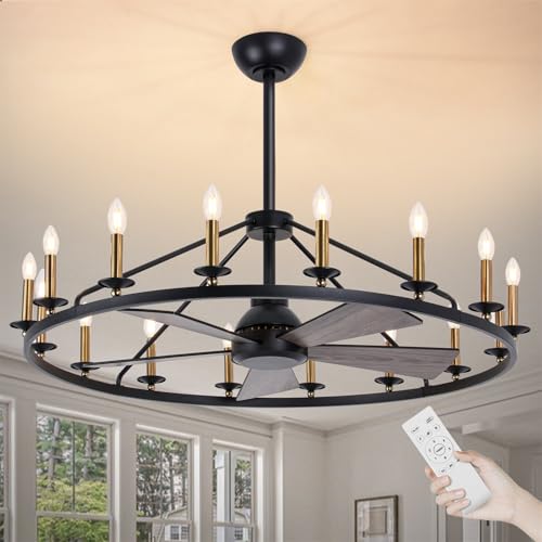 44" Black+Gold Wagon Wheel Chandelier with Fans