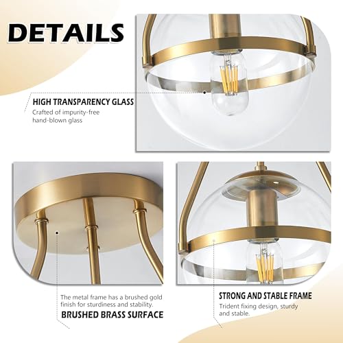 8 Inch Mid Century Ceiling Light Modern Gold Semi Flush Mount Ceiling Light with Clear Glass Shade Globe Semi Flush Mount Ceiling Light Fixture for Bedroom Hallway Bathroom Foyer