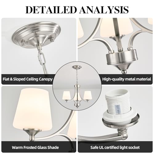 Brushed Nickel Dining Room Light Modern Sliver Chandelier with Frosted Glass