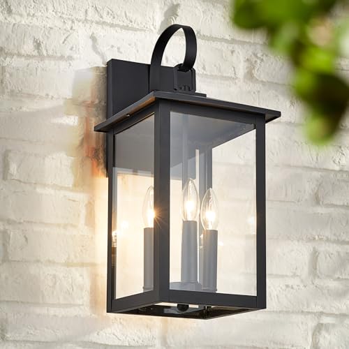3 Light 9 inches Wide 20.5 inches High Large Wall Lantern Light with Textured Black Finish and Clear Glass New Traditional Outdoor Wall Lights for a Porch