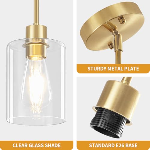 3 Pack Brushed Gold Pendant Lights Kitchen Island Glass Hanging Lighting