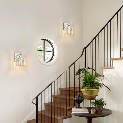 Modern Wall Sconces Set of Two Indoor Wall Lamp Chrome Wall Sconce Crystal Wall Light Bathroom Vanity Light Fixtures Wall Mounted Room Sconce Wall Lighting (2 Count)
