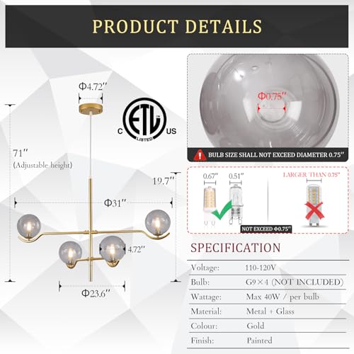 Modern 31" 4 Light Gold Sputnik Chandelier with Smoke Glass Globe