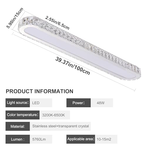 Dimmable LED Ceiling Light 39.4'' Kitchen Lighting Fixtures Ceiling Modern Luxury Crystal Ceiling Light with Remote Chrome Long Ceiling Light Fixture for Kitchen Dining Room Hallway