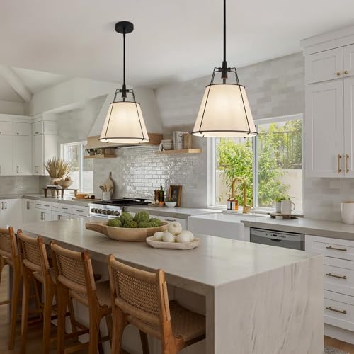 Modern Pendant Light Fixtures with 12" White Linen Fabric Shade