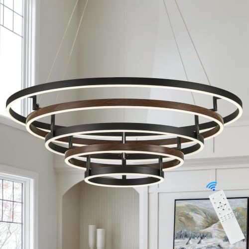 5 Ring LED Chandelier Modern Chandeliers Walnut Wood Black Dimmable 31''
