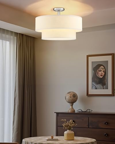 4 Light 18" Cream Fabric Brushed Nickel Semi Flush Mount Close to Ceiling Light Fixture