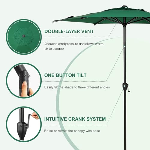 7.5FT Lyon Outdoor Patio Umbrella Outdoor Table Umbrella with Push Button Tilt and Crank Market Umbrella 6 Sturdy Ribs UV Protection Waterproof for Garden Deck Backyard Pool Dark Green