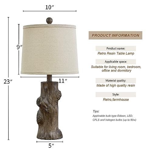 23"Resin Table Lamps for Living Room Set of 2 Country Cottage Farmhouse Lamp for Bedroom Tree Trunk Wood Grain with Oatmeal Fabric Round Shade Vintage Rustic Traditional Nightstand Bedside Lamp