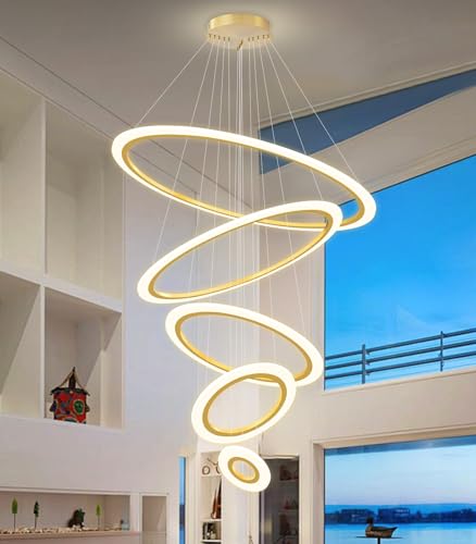 Modern LED Dimmable Chandelier 5 Ring High Ceiling Large Chandelier for Living Room Hanging Light Fixture for Foyer Staircase Gold