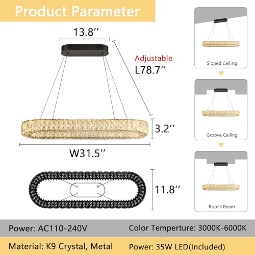 Modern Crystal LED Chandelier Dimmable Oval Chandeliers Rectangular Dining Room Light Fixture with Remote for Living Room Kitchen Island Silver
