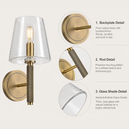 12" Knurled Brass Wall Sconce with Clear Seeded Glass Shade