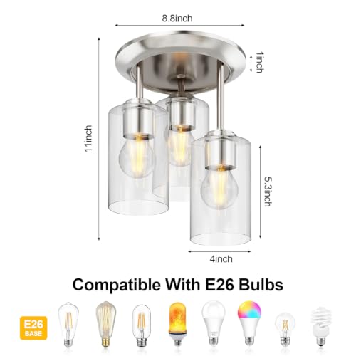 3 Lights Semi Flush Mount Ceiling Light Fixture Silver for Kitchen (3 Count)