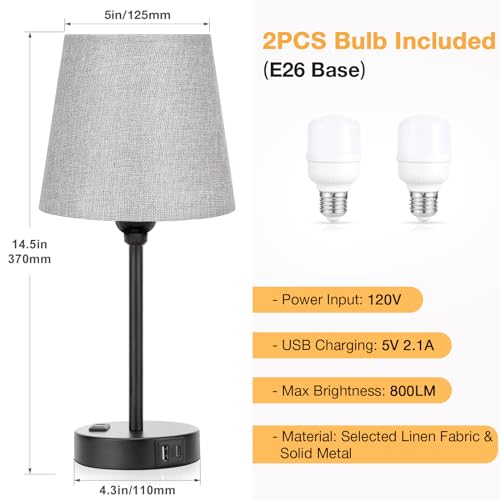 Grey Bedside Lamps Set 2 for Bedroom (2 Count)