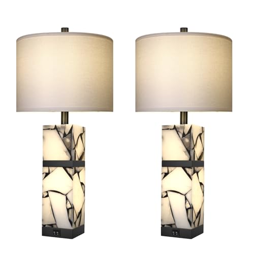 27" Alabaster Table Lamp Set of 2 with Night Light for Living Room (2 Count)