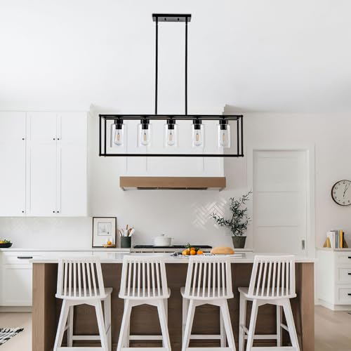5 Light Dining Room Light Fixture Matte Black Farmhouse Chandelier Over Table Rectangular Kitchen Pendant Lighting Rectangle Modern Industrial Living Room Hanging Lights Adjustable Height