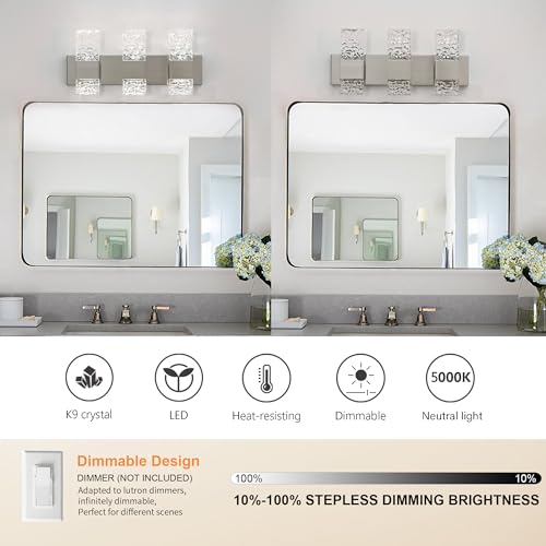 Modern Bathroom Vanity Light fixtures Over Mirror Brushed Nickel Crystal LED Bathroom Lighting fixtures 3 Lights 6000K