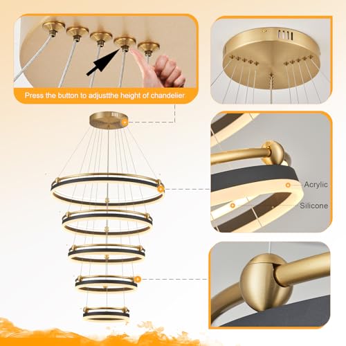 5 Rings Modern LED Chandelier Black Gold Dimmable Large High Ceiling Chandeliers Foyer