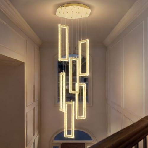 Modern Led Gold Chandelier Adjustable 6 Rings Crystal Chandelier for Living Room Foyer Stairwell Lighting High Ceiling Lamp Dimmable 2700K