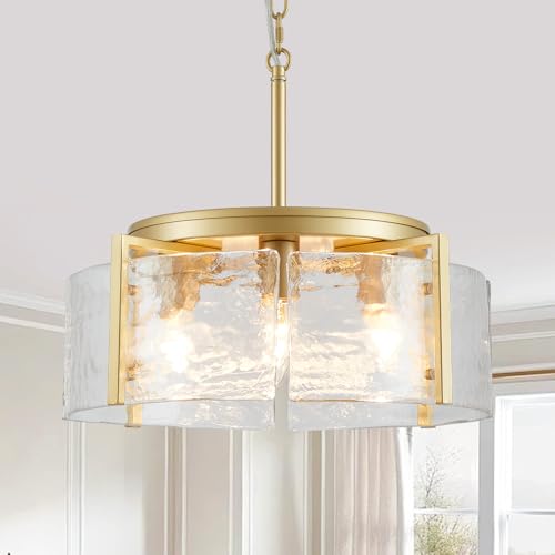 4 Light Glass Gold Chandeliers for Dining Room 17.3" Round Modern Farmhouse Chandelier Drum Hanging Pendant Ceiling Light Fixture for Hallway Entryway Kitchen Island Foyer Bedroom Laundry
