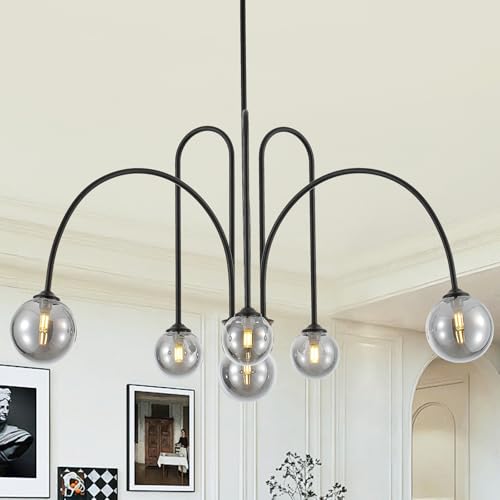 6 Light Modern Sputnik Chandelier L41’’ Black Mid Century Pendant Chandelier with Smoked Glass Shades Contemporary Large Pendant Light Fixture for Foyer Bedroom Staircase Living Room Kitchen