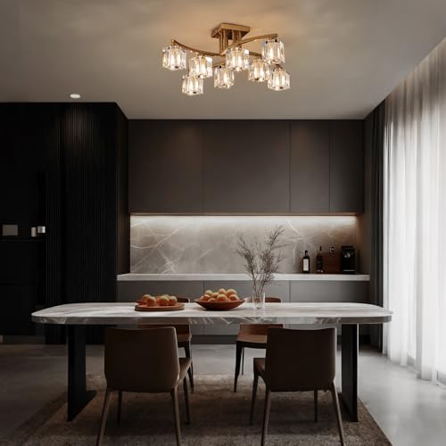 8 Light Modern Sputnik Ceiling Light Fixture Farmhouse Crystal Semi Flush Mount Ceiling Light Gold Chandeliers for Dining Room Living Room Kitchen Island Bedroom Entryway