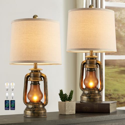 Set of 2 Farmhouse Lantern Table Lamps for Living Room with 2 USB Charging Ports (2 Count)